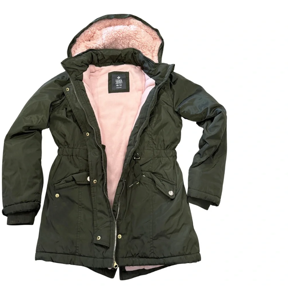 Kids Olive Green Puffer Jacket with Pink Lining